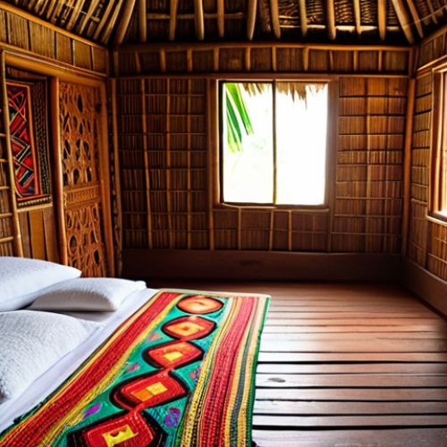 Home 16 **A vibrant, eye-level shot inside a traditional Fijian "bure" (house).** Focus on the intricate woven details of the walls and ceiling, highlighting the natural materials. Include a glimpse of comfortable bedding and possibly a small woven mat on the floor. Soft, natural light streaming through a window or doorway.