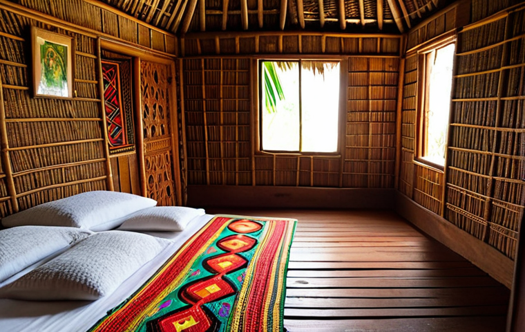 **A vibrant, eye-level shot inside a traditional Fijian "bure" (house).** Focus on the intricate woven details of the walls and ceiling, highlighting the natural materials. Include a glimpse of comfortable bedding and possibly a small woven mat on the floor. Soft, natural light streaming through a window or doorway.