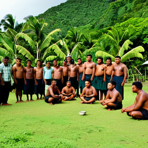**

"A yaqona (kava) ceremony in a traditional Fijian village setting, fully clothed participants, appropriate attire, safe for work, respectful gathering, lush green background, perfect anatomy, natural proportions, high-quality photograph, professional, modest, family-friendly. Focus on the communal aspect and the sharing of kava in a respectful manner. Avoid any depiction of intoxication or inappropriate behavior."

**
