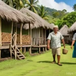 피지 전통 마을 체험 - **Fijian Village Welcome:** A vibrant outdoor scene depicting a warm welcome in a traditional Fijian...