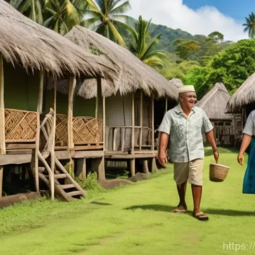 Home 2 피지 전통 마을 체험 - **Fijian Village Welcome:** A vibrant outdoor scene depicting a warm welcome in a traditional Fijian...