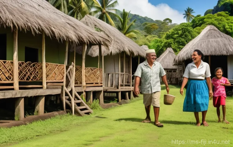 피지 전통 마을 체험 - **Fijian Village Welcome:** A vibrant outdoor scene depicting a warm welcome in a traditional Fijian...