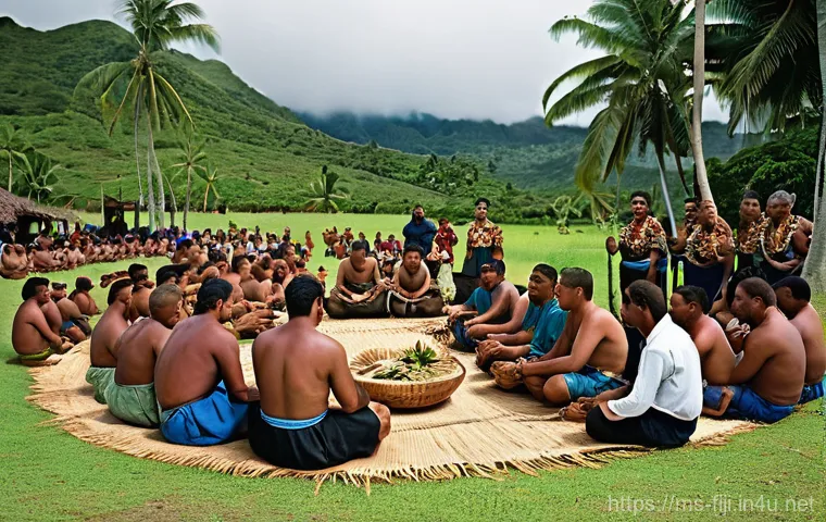 피지 전통 마을 체험 - **Fijian Village Welcome:** A vibrant outdoor scene depicting a warm welcome in a traditional Fijian... 피지 전통 마을 체험 - **Fijian Village Welcome:** A vibrant outdoor scene depicting a warm welcome in a traditional Fijian...