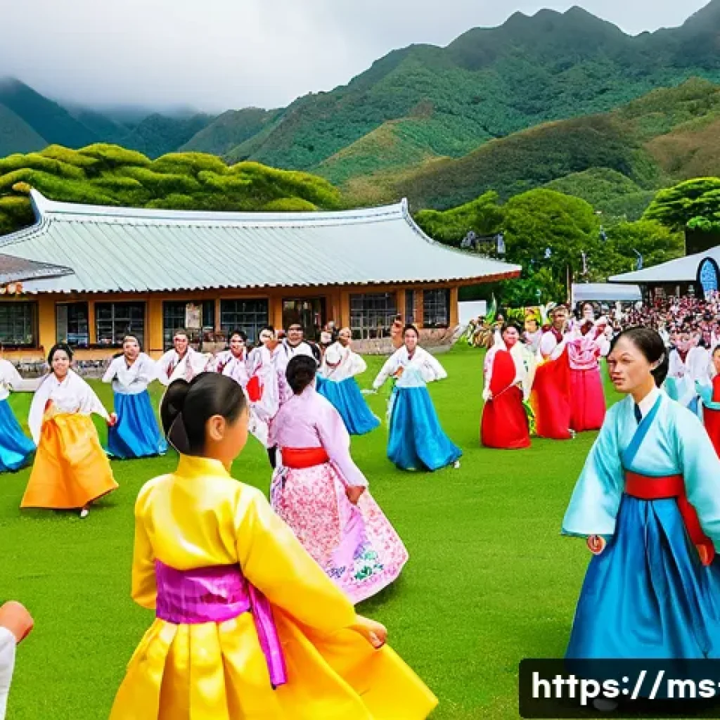 피지에서 한국인 커뮤니티 찾기 - A vibrant Korean community cultural center in Suva, Fiji, bustling with diverse people of all ages e...