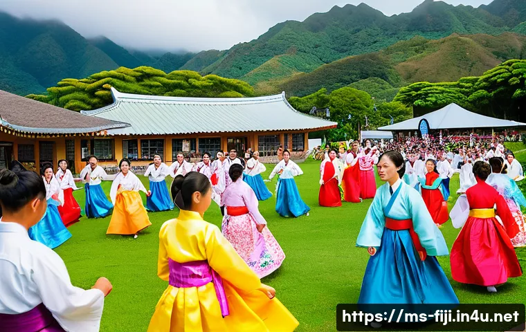 피지에서 한국인 커뮤니티 찾기 - A vibrant Korean community cultural center in Suva, Fiji, bustling with diverse people of all ages e...
