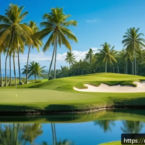 피지에서 골프 여행 - A tropical golf course in Fiji featuring lush green fairways lined with tall coconut palm trees and ...