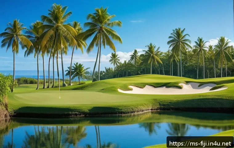 피지에서 골프 여행 - A tropical golf course in Fiji featuring lush green fairways lined with tall coconut palm trees and ...