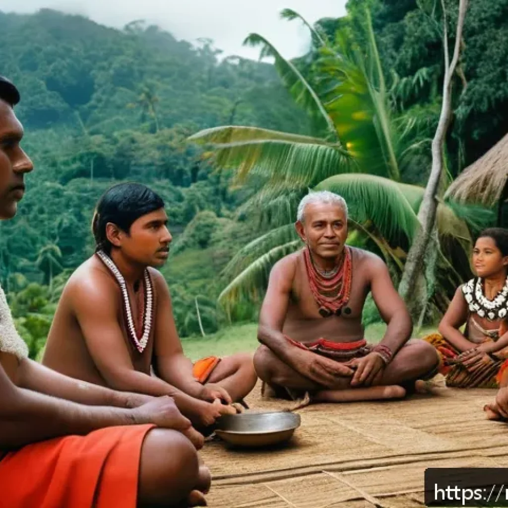피지의 부족 사회 구조 - A traditional Fijian village meeting scene outdoors with the "turaga ni yavusa" (tribal chief) seate...