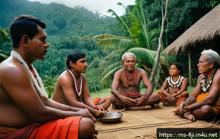 피지의 부족 사회 구조 - A traditional Fijian village meeting scene outdoors with the "turaga ni yavusa" (tribal chief) seate...