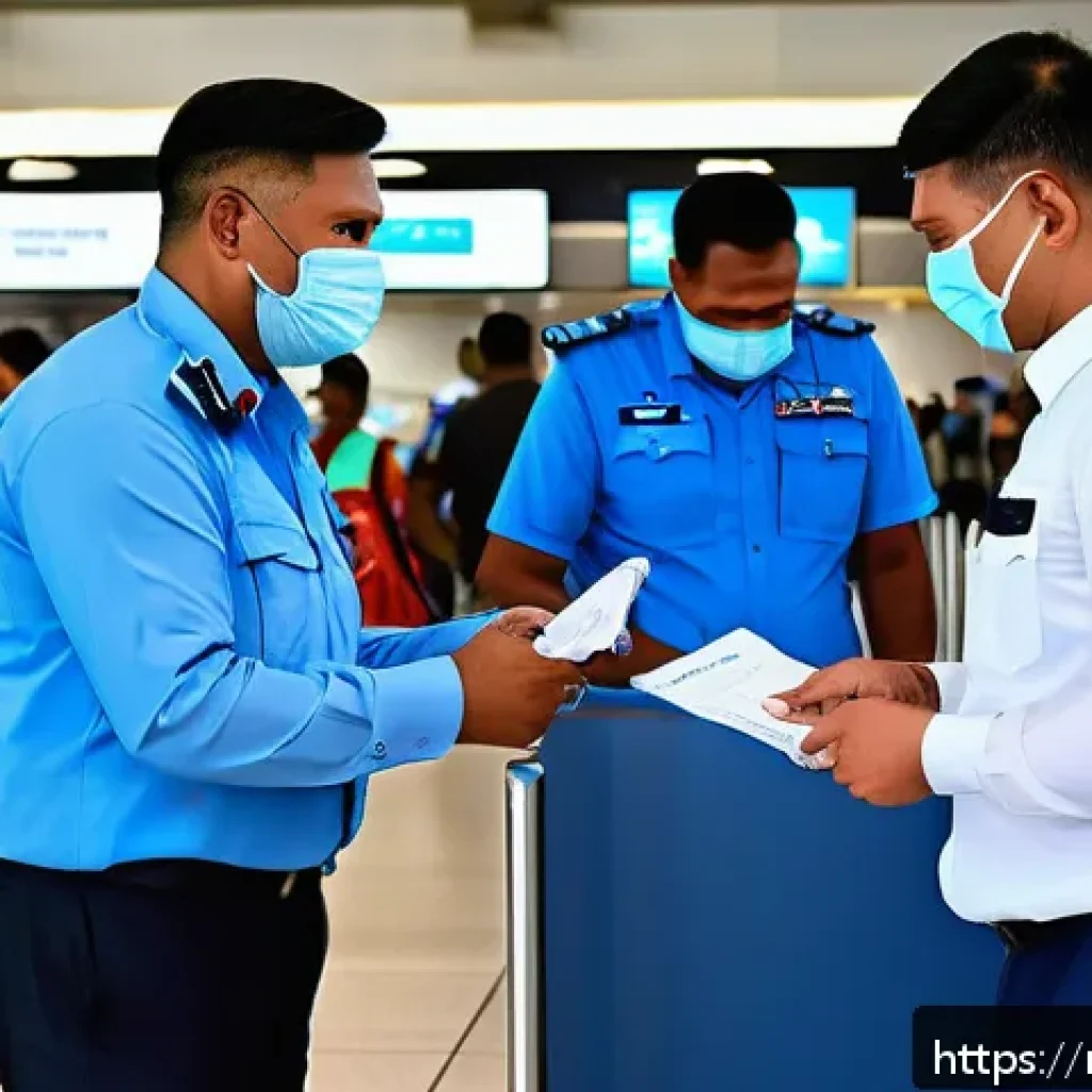 피지 비자 및 입국 절차 - A busy airport immigration scene in Fiji featuring friendly officers assisting diverse travelers, in...