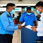 피지 비자 및 입국 절차 - A busy airport immigration scene in Fiji featuring friendly officers assisting diverse travelers, in...