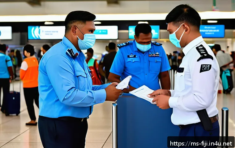 피지 비자 및 입국 절차 - A busy airport immigration scene in Fiji featuring friendly officers assisting diverse travelers, in...
