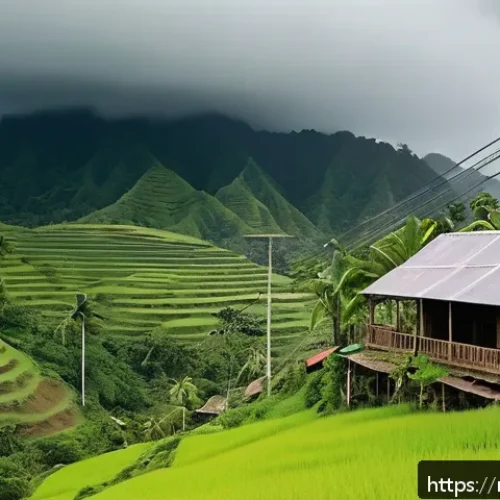 피지의 인터넷 환경 - A rural Fijian village scene illustrating limited telecommunication infrastructure: traditional wood...