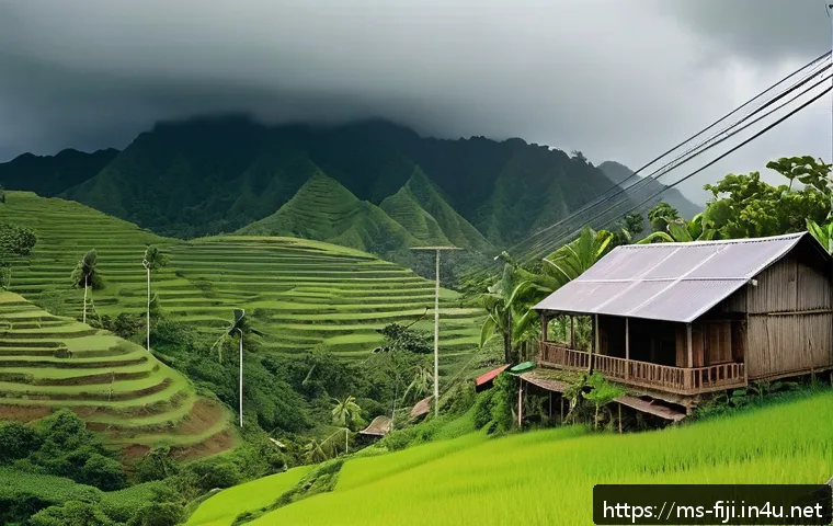피지의 인터넷 환경 - A rural Fijian village scene illustrating limited telecommunication infrastructure: traditional wood...