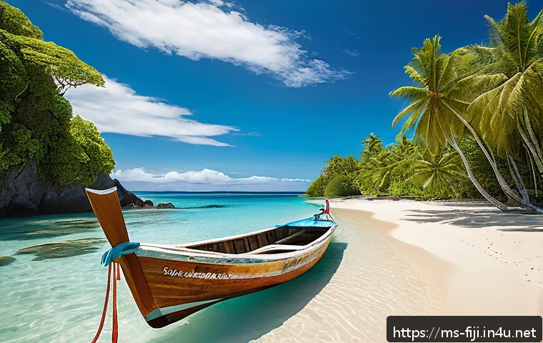 피지 여행 팁 및 주의사항 - A vibrant tropical beach scene in Fiji during the dry season (May to October), featuring crystal-cle...